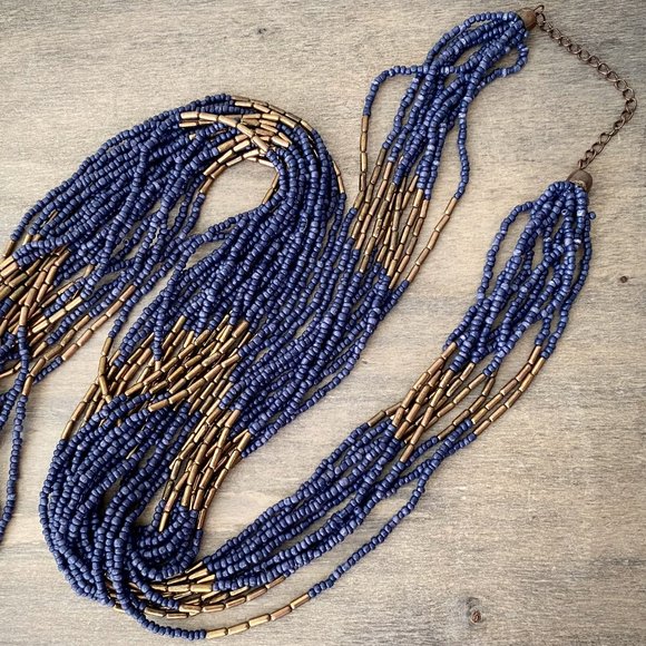 Long Multi-strand Necklace with Blue and Gold Beads - Picture 2 of 5